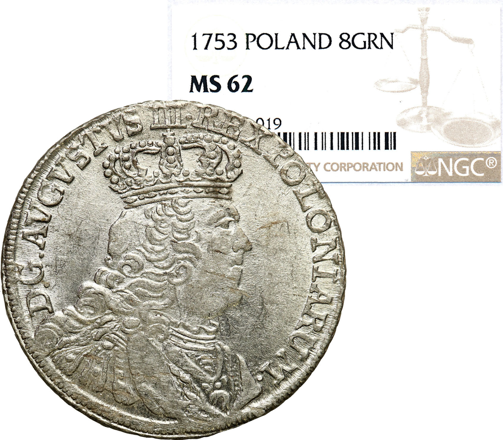 August III Sas. Dwuzłotówka (8 groszy) 1753, bez liter EC NGC MS62 - WYŚMIENITA